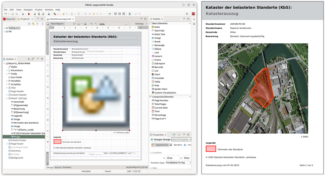 Links Design Ansicht in Jaspersoft Studio, rechts der finale Export mit Testdaten aus unserer Altlast4Web Demo Anwendung.