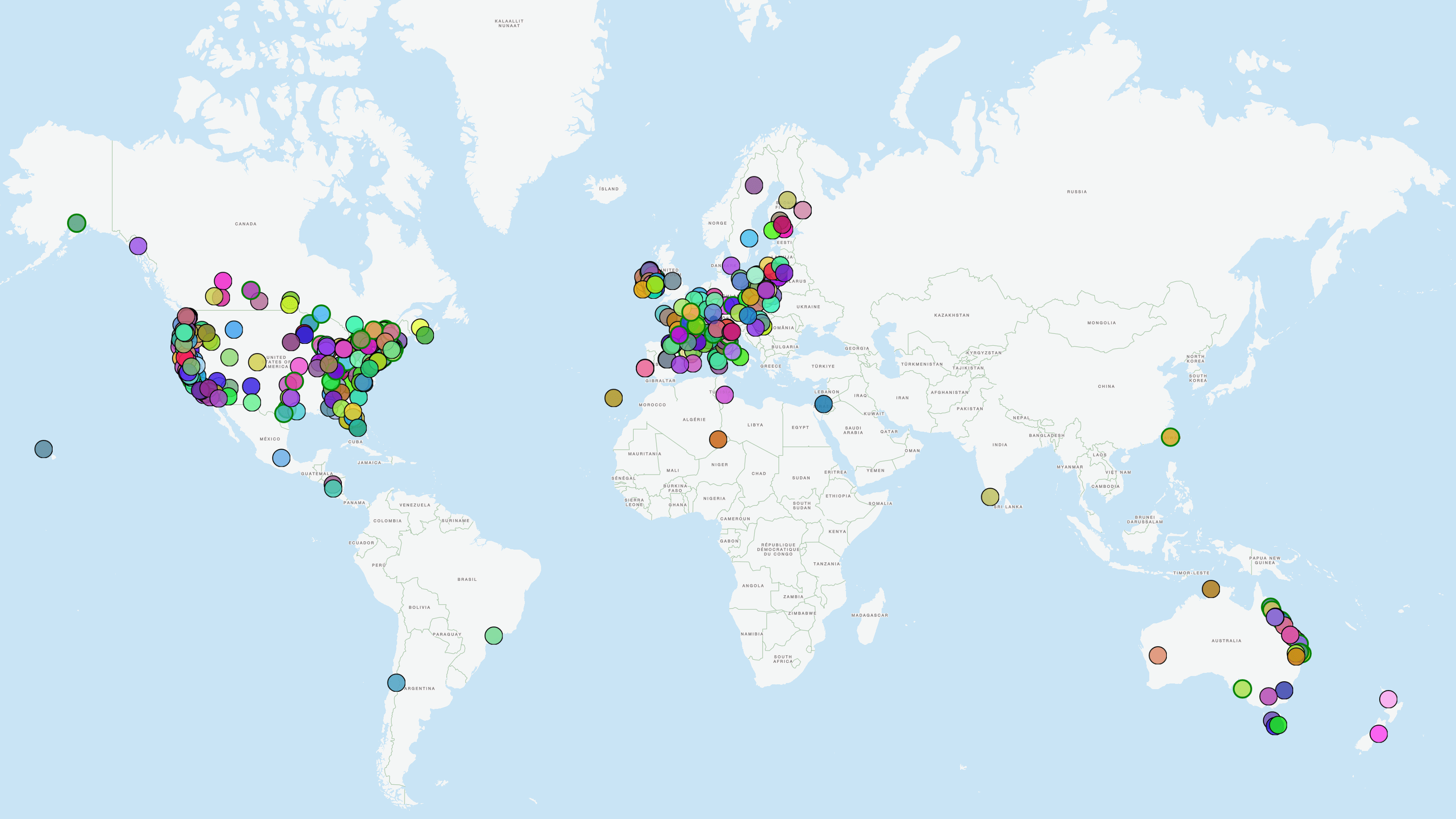 A wold map with about 500 colored dots.